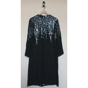 Vintage 80s Halston Suz Silk Dress Cocktail L 12 14 Black Sequin Sheer Rare Vtg